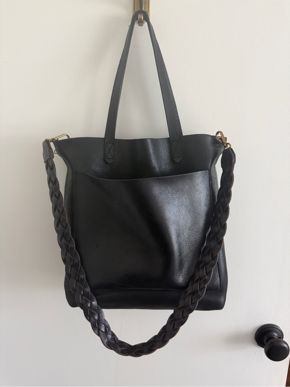 Madewell Black Leather Tote with Braided Strap